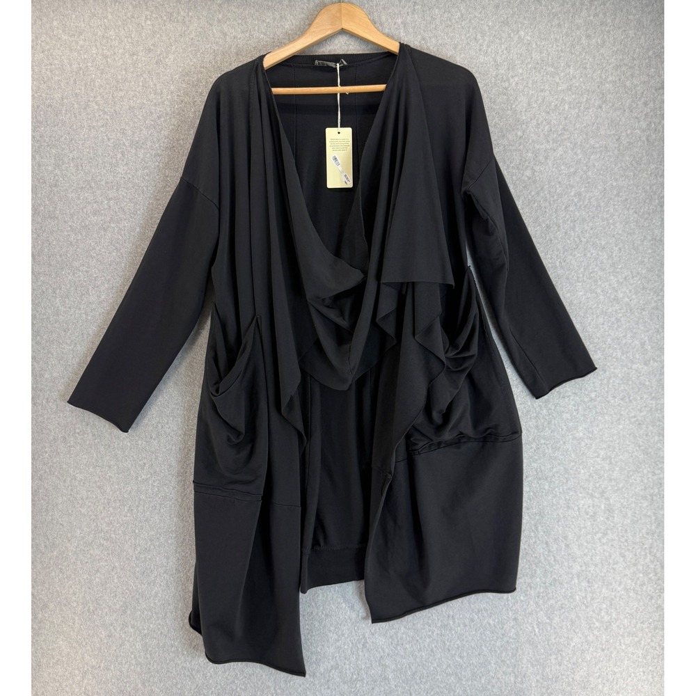 Saga Italy Jacket Cardigan Sweater Black Open Front Drape Neck Pockets OS NWT‎